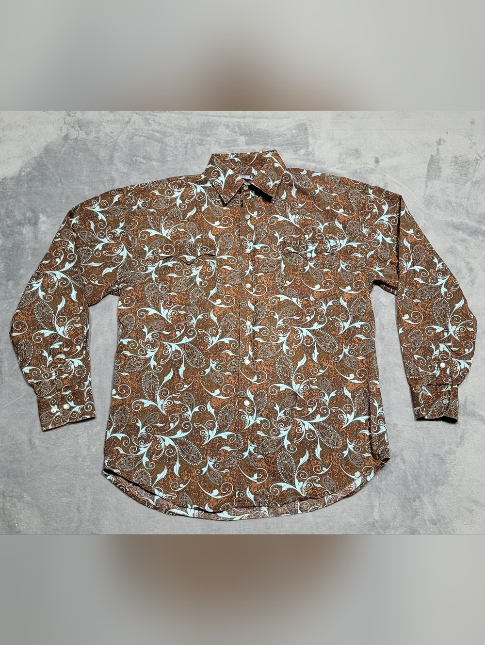 Panhandle Slim Mens Med Shirt Pearl Snap  Brown Turquoise Paisley Pockets Round